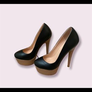 Onlymaker Round Toe Platform Wood Grain Stiletto High Heels Pumps